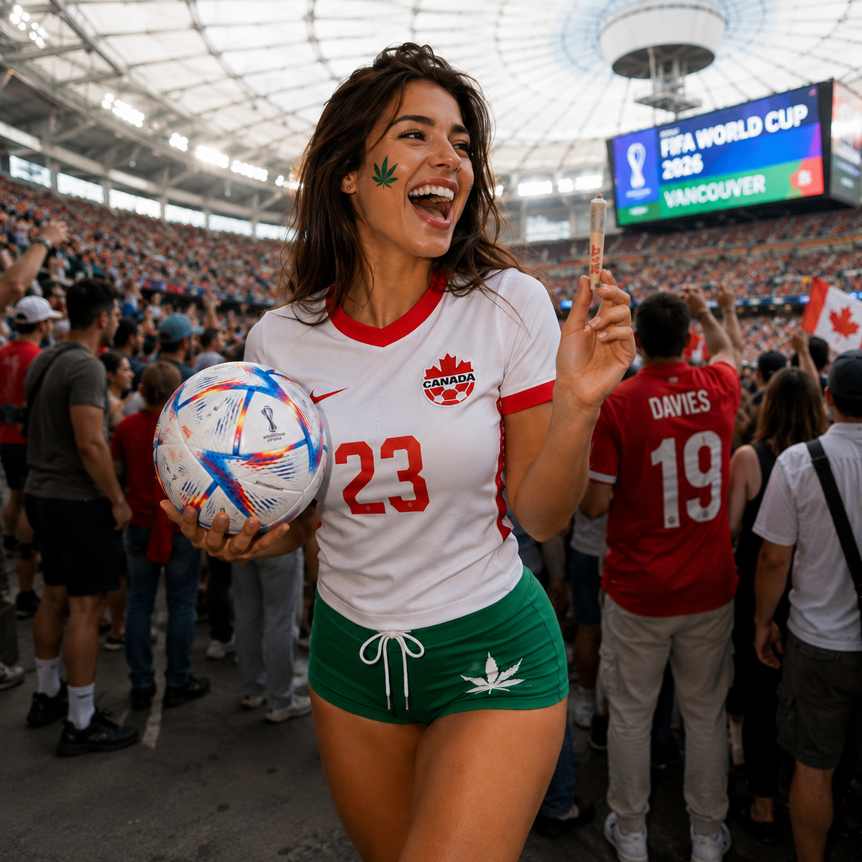 Influencer at a Vancouver stadium crowd with soccer ball